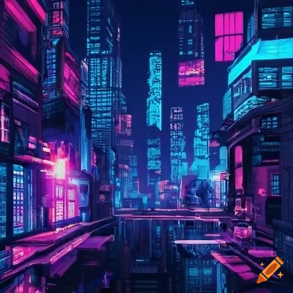 Blue-lit cyberpunk cityscape on Craiyon
