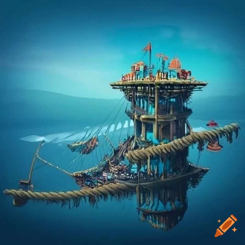 elaborate floating city with rope bridges and ladders