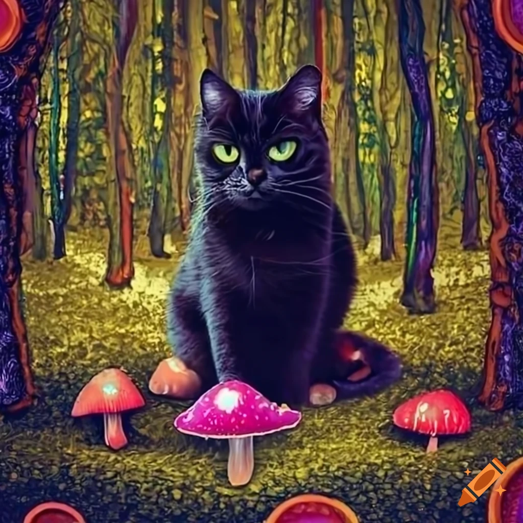 black cat in a vibrant psychedelic forest