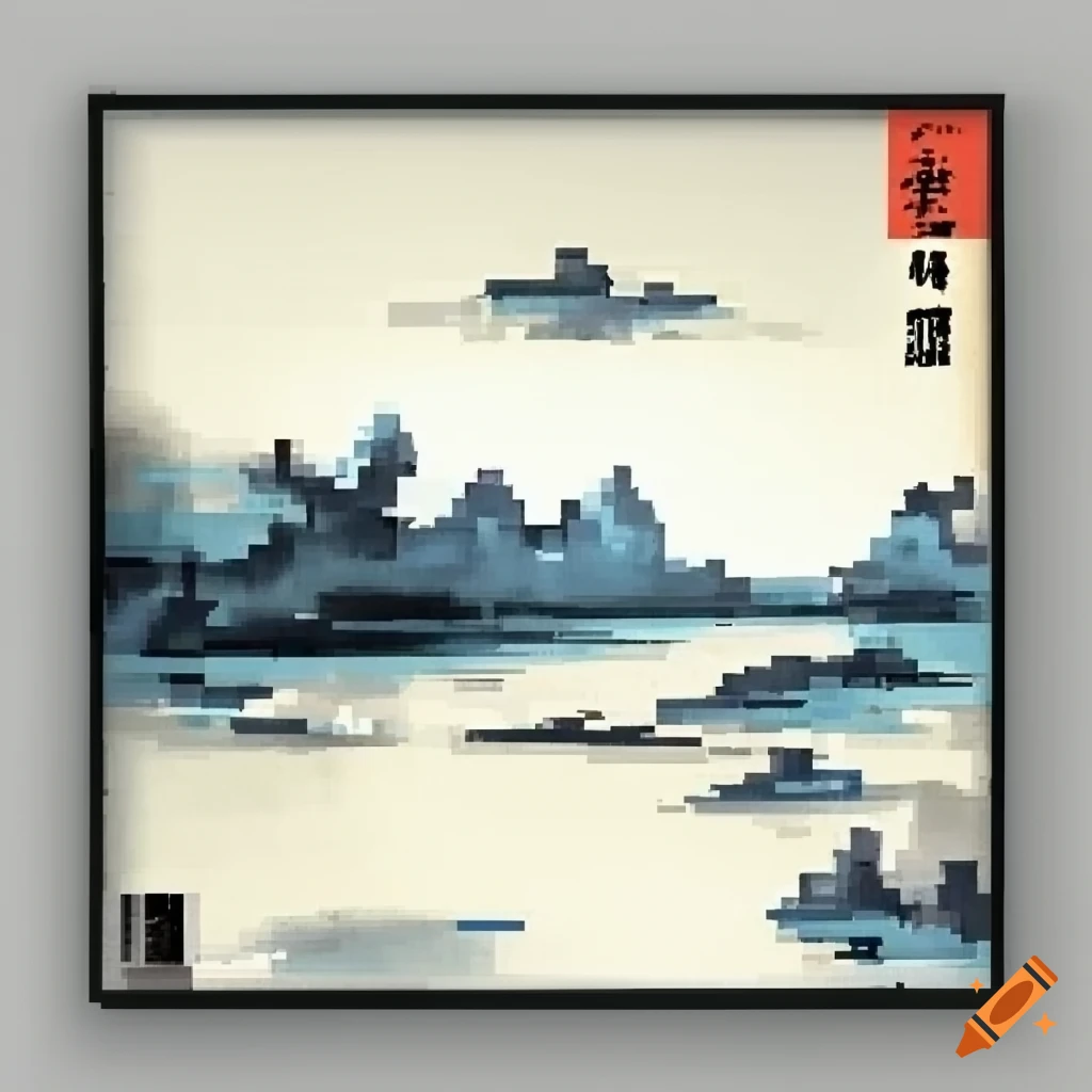 Pixel Art With Dithering Technique And Traditional Chinese Ink Painting 