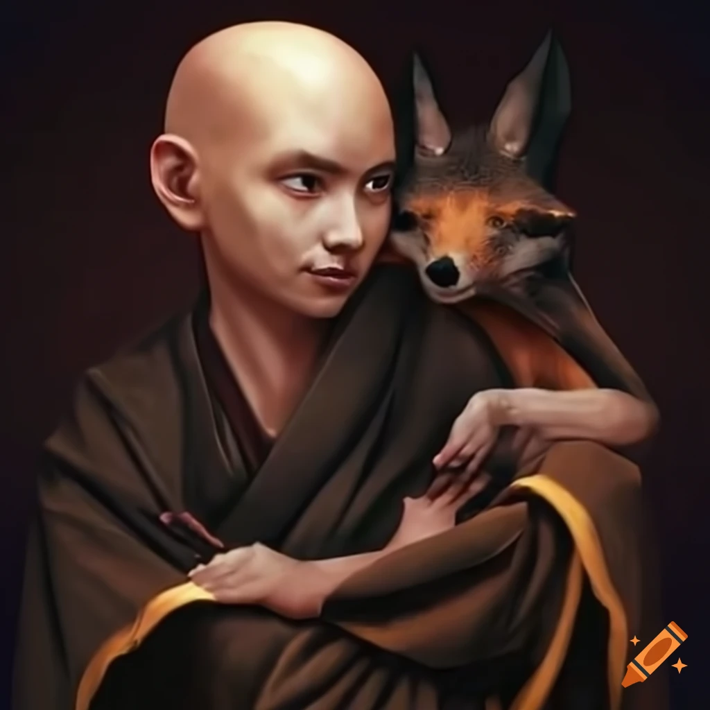 artwork of a startled zen monk and a mischievous fox
