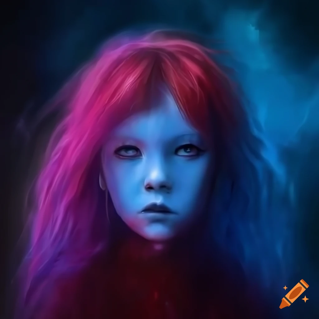 Realistic portrait of a young blue ghost girl in a nebula