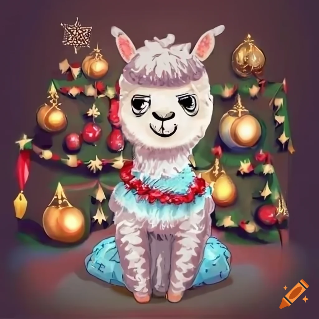 cartoon llama in pyjamas with a christmas tree
