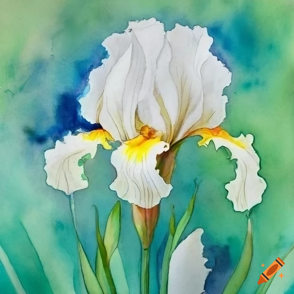 Watercolor painting of a white iris in art nouveau style