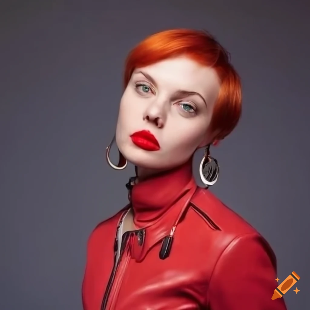 stylish Finnish woman with red bob haircut and leather jacket
