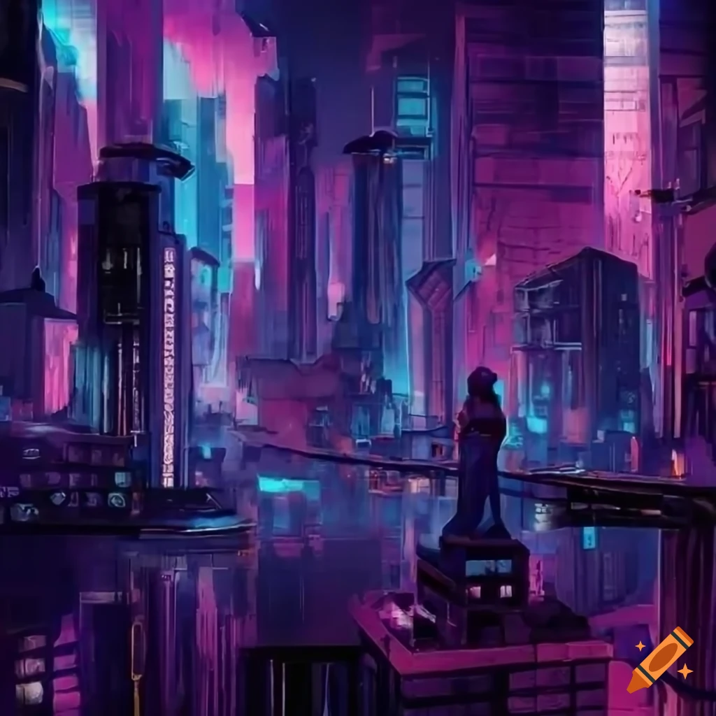 Cyberpunk-style game board with futuristic city backdrop on Craiyon