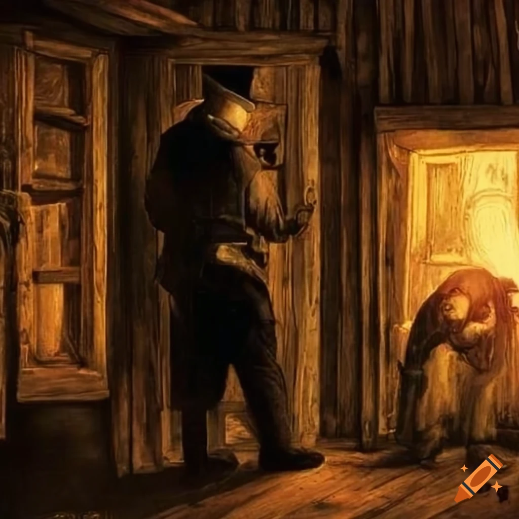 Police officer knocking on a cabin door at night