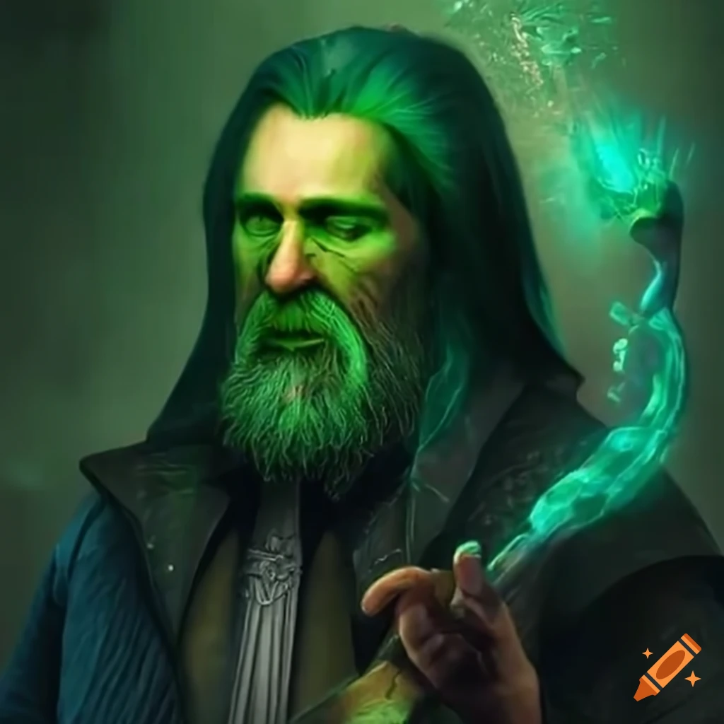 Wizard casting a time spell with green magic