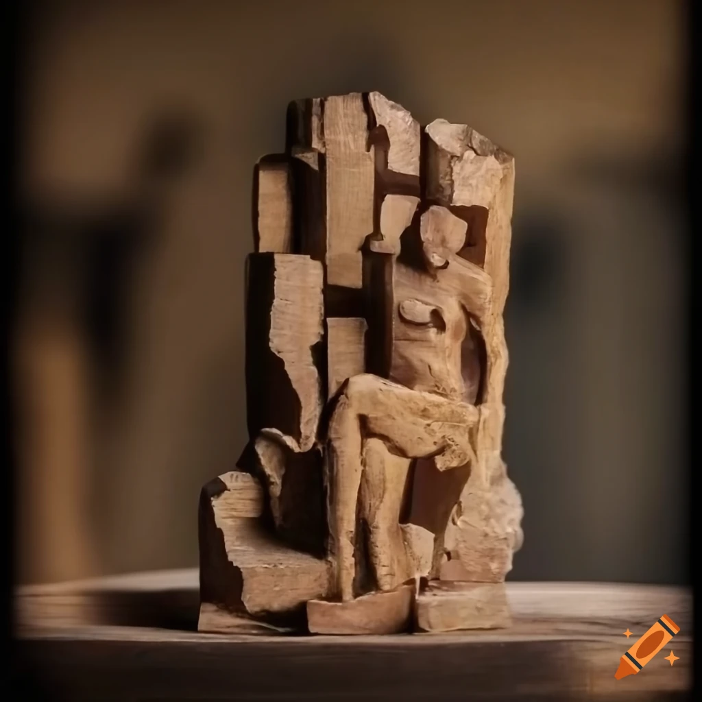 cubist sculpture of ancient gods in rough wood