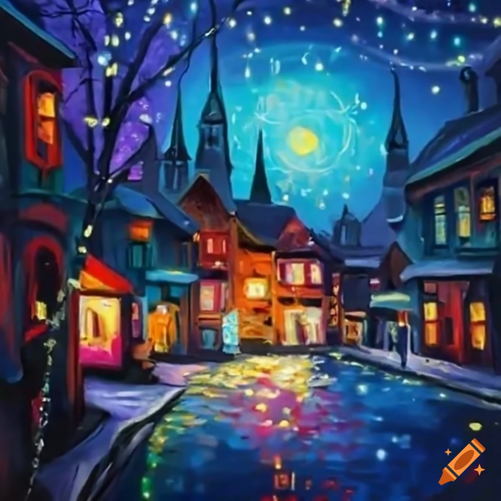 twinkling lights in a picturesque village at night
