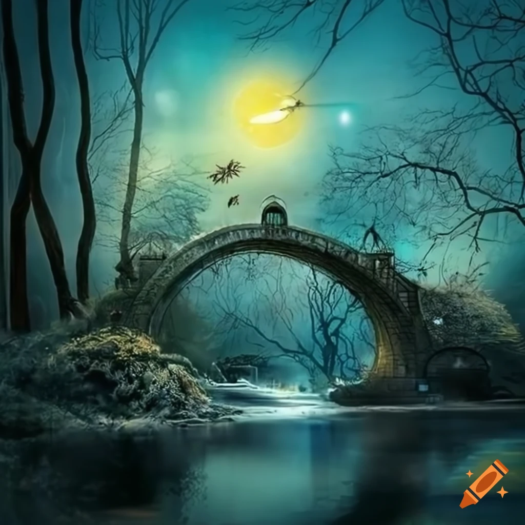 surreal landscape with strange creatures, trees and fantastical elements
