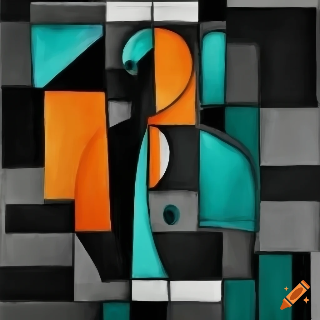 black and white abstract artwork with orange, green, and blue accents