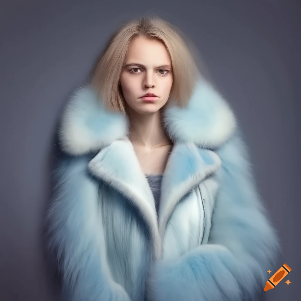 Woman wearing a fluffy pale blue and white fur perfecto coat on Craiyon