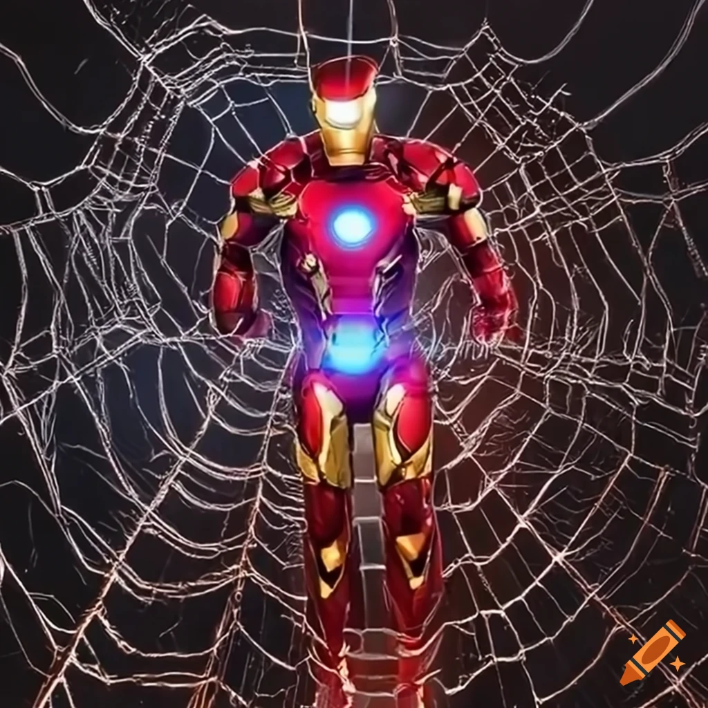 Iron Man using advanced technology to create glowing spider-like energy webs
