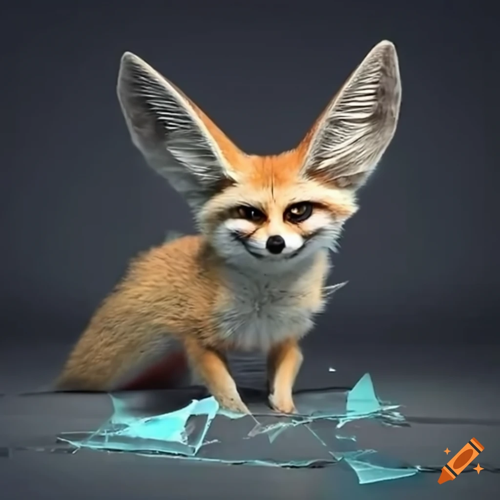 Creative photography of a fennec fox surrounded by broken glass on Craiyon