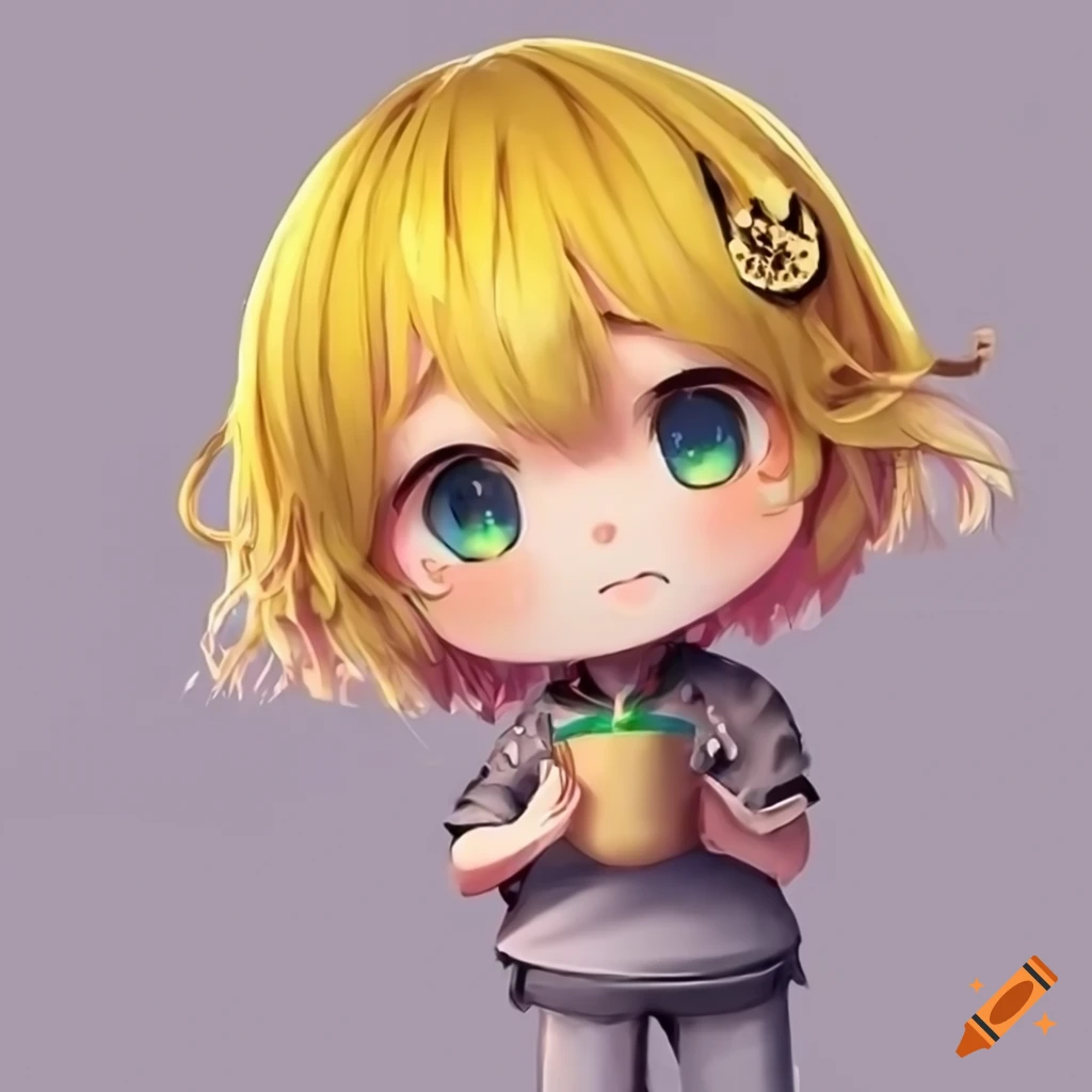 Rendered chibi person with yellow hair and a banana on Craiyon