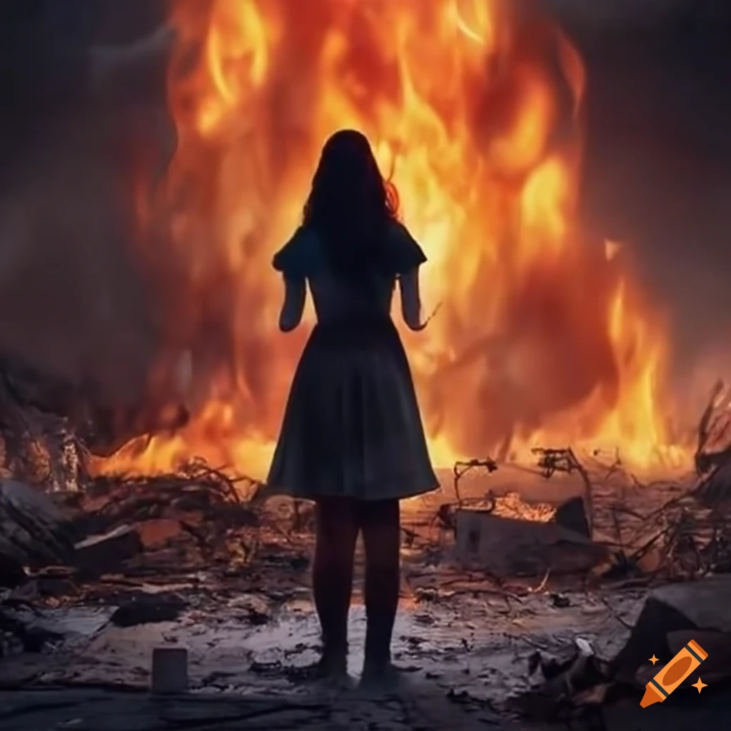 woman standing amidst fire and destruction