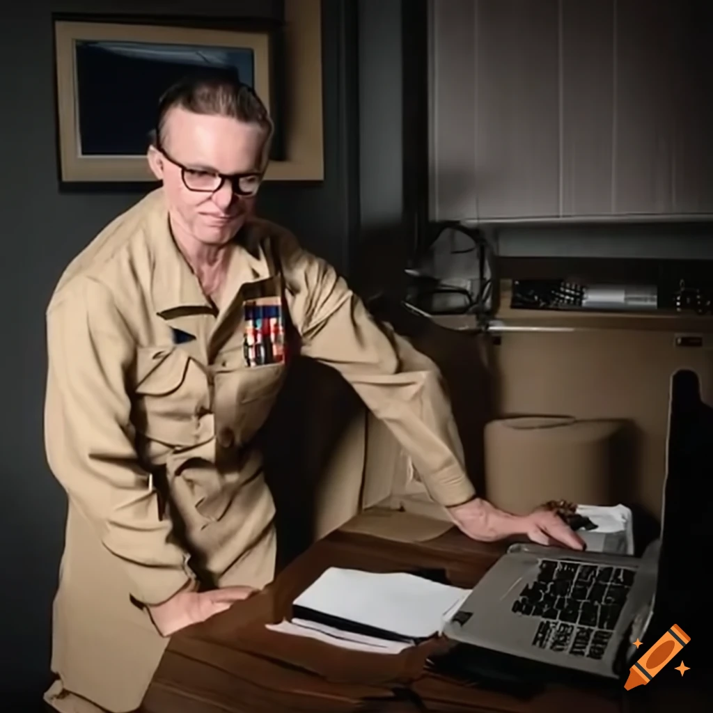 Navy senior chief working at a computer desk on Craiyon