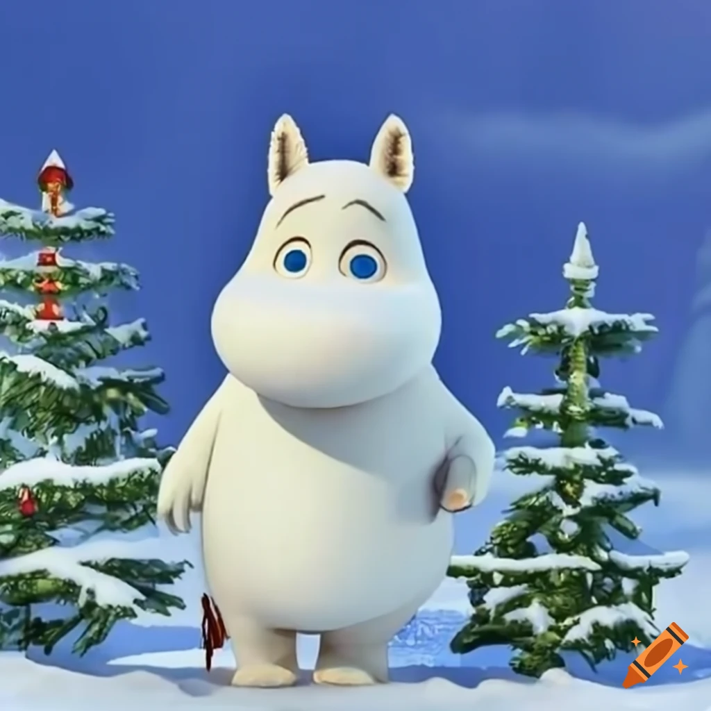 Moomin character next to a christmas tree in snow