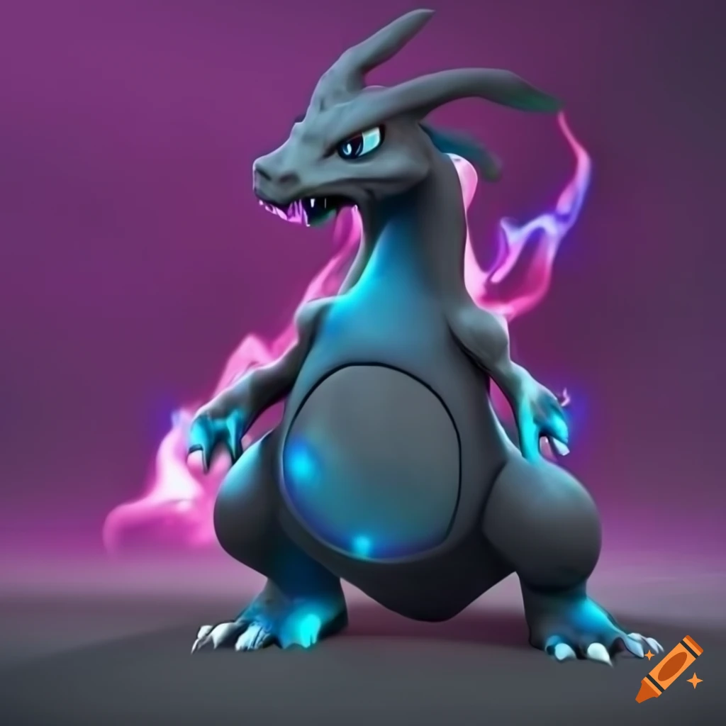 Realistic Black Charizard With Blue Flames On Purple Background On Craiyon