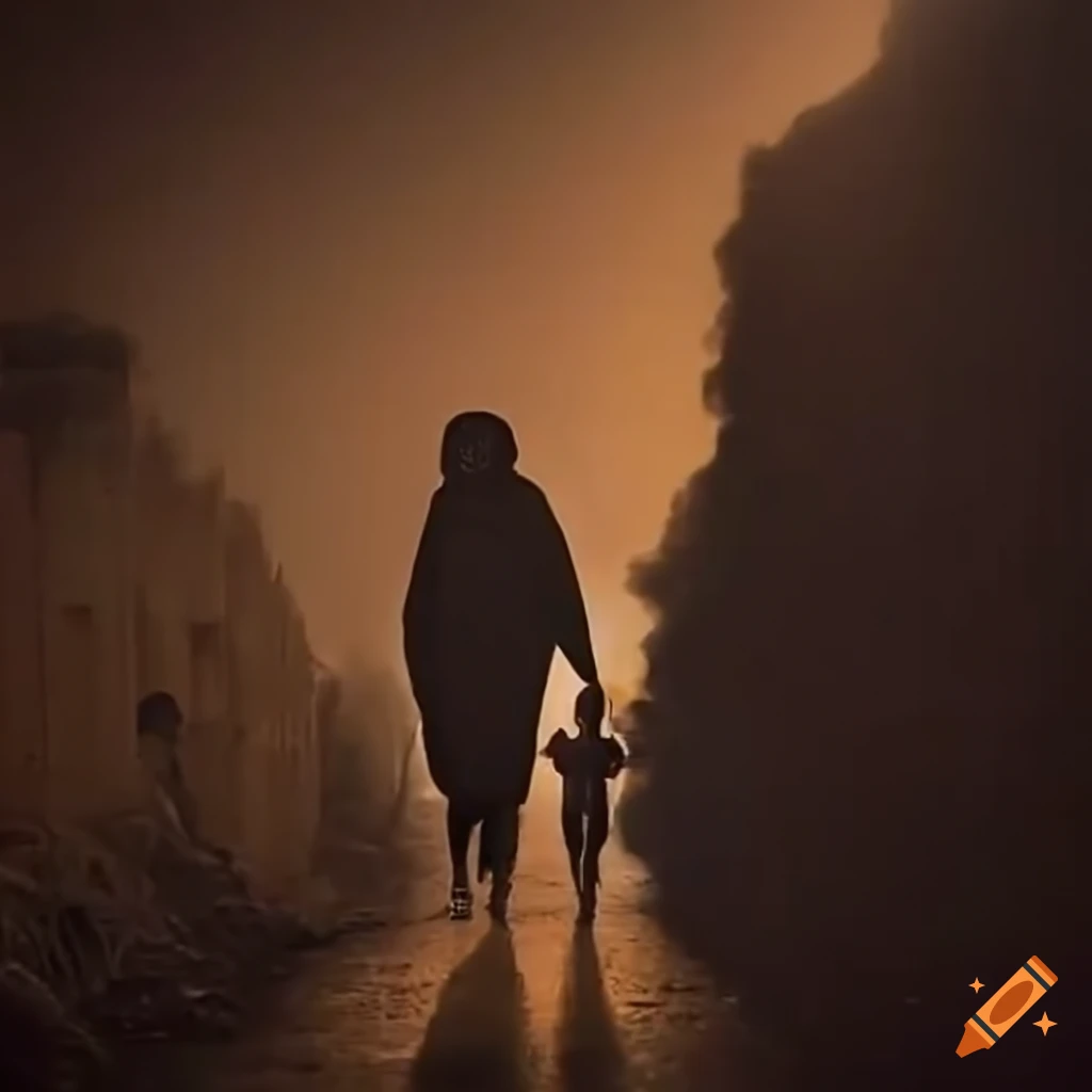 Ethiopian migrant woman walking at night with her child