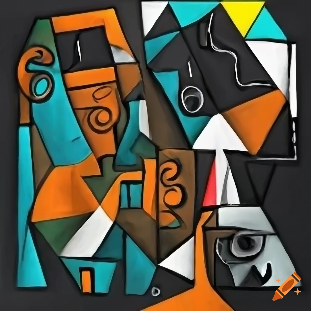abstract black and white artwork with orange, green, blue and fine black lines