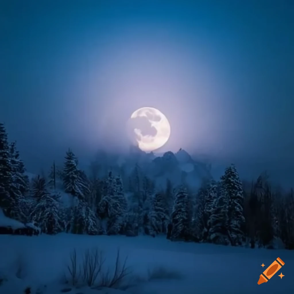 Full moon shining on a snowy landscape