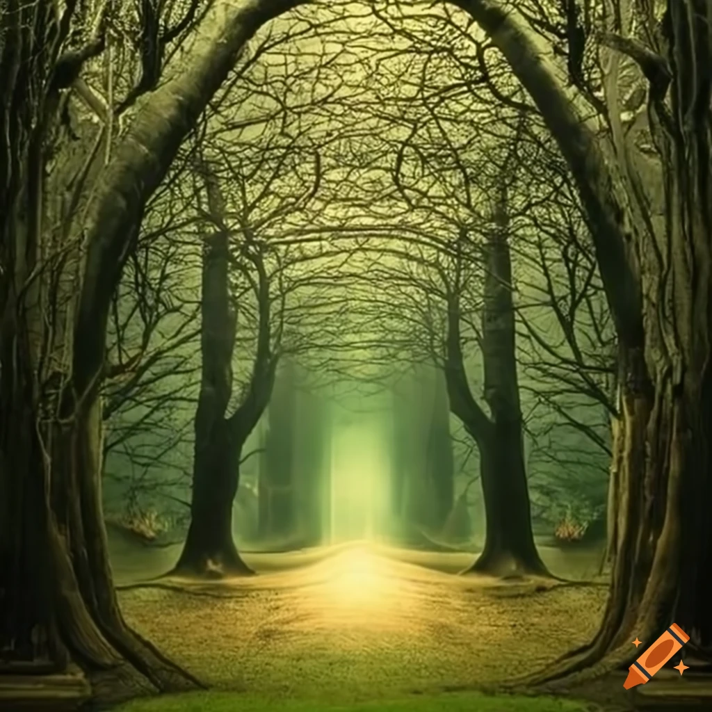 a mystical forest with elder trees forming an arch