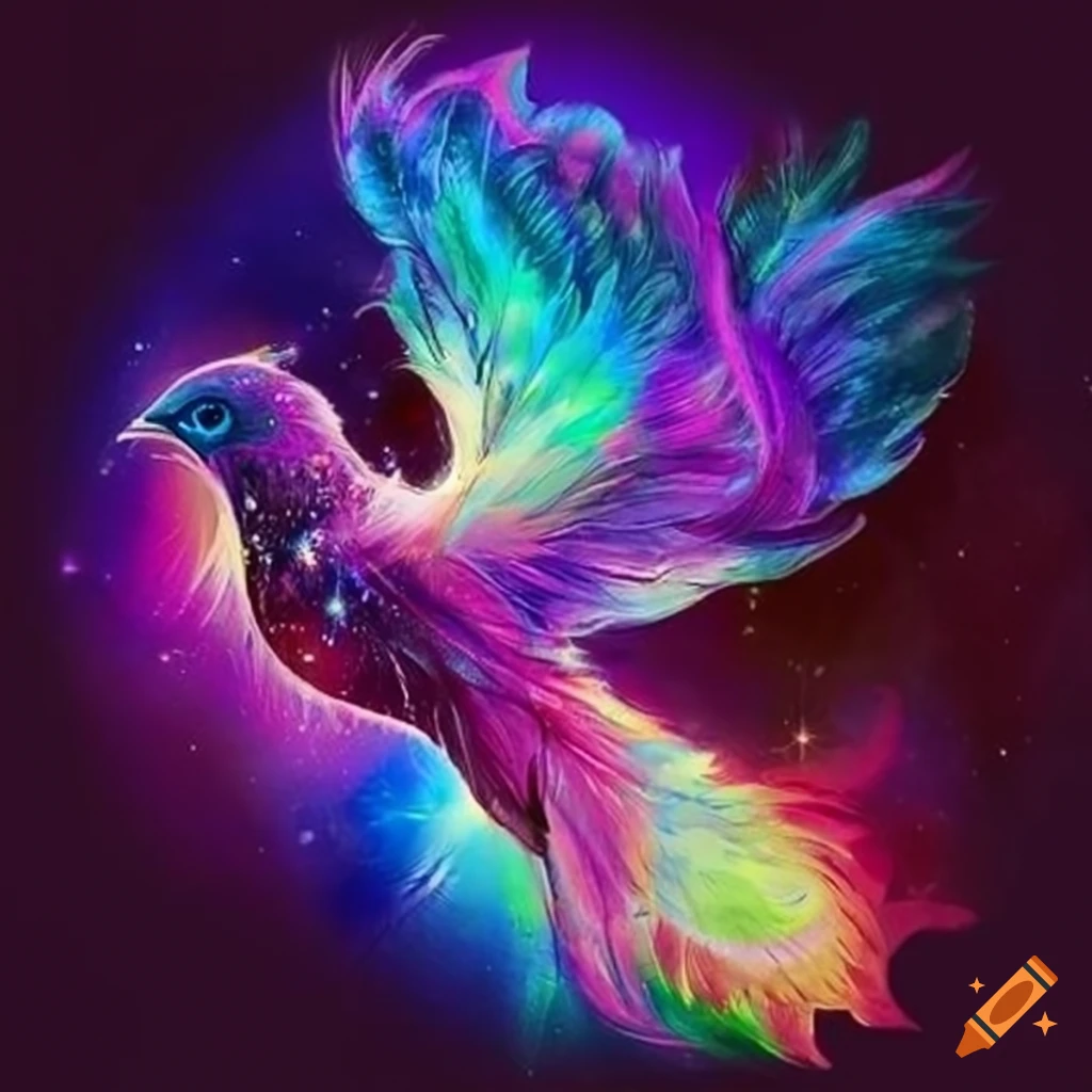 A mesmerizing galaxy-themed phoenix with purple and gold flaming feathers  and a sea of stars in the background reflected in its eyes drawn in a cute  anime style on Craiyon