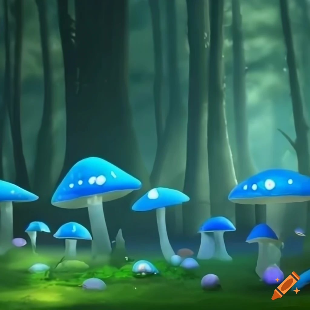 enchanted forest with whimsical blue mushrooms