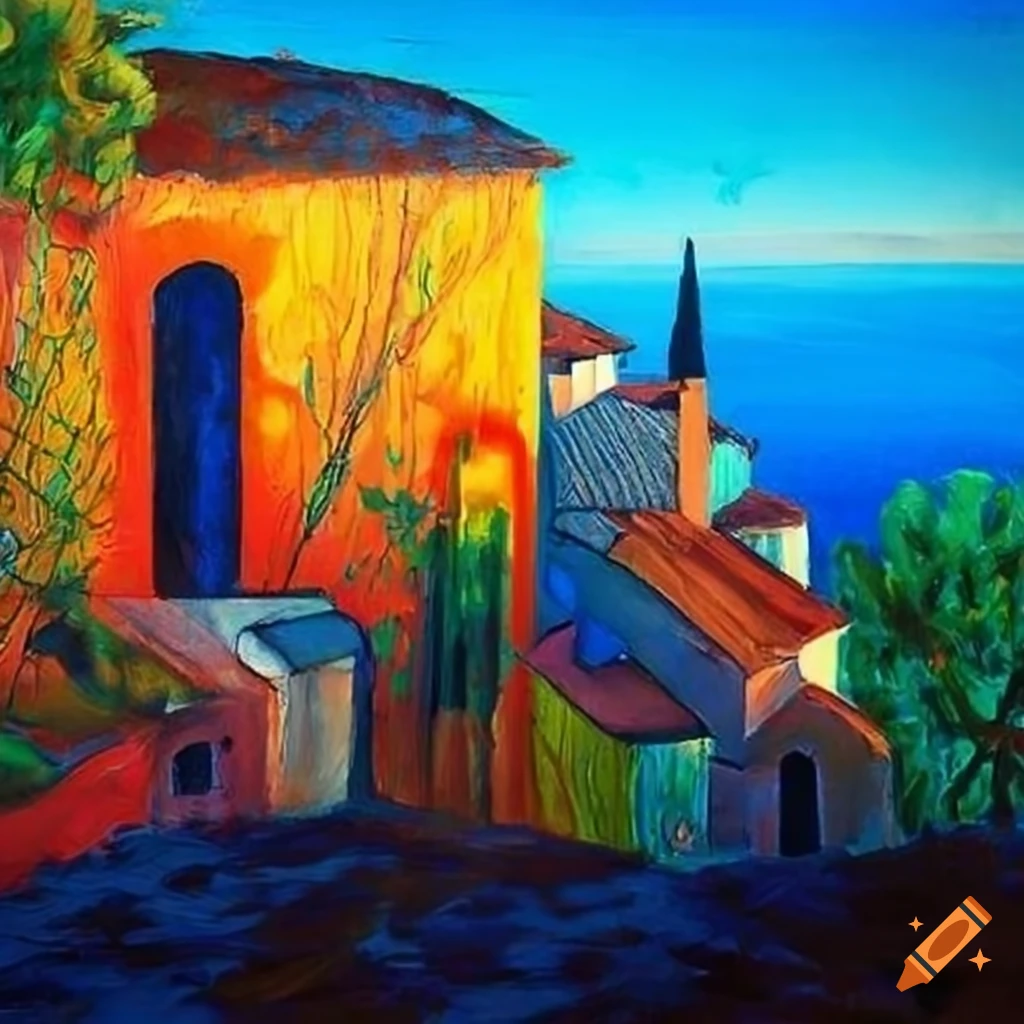 Colorful mediterranean landscape painting on wooden panel