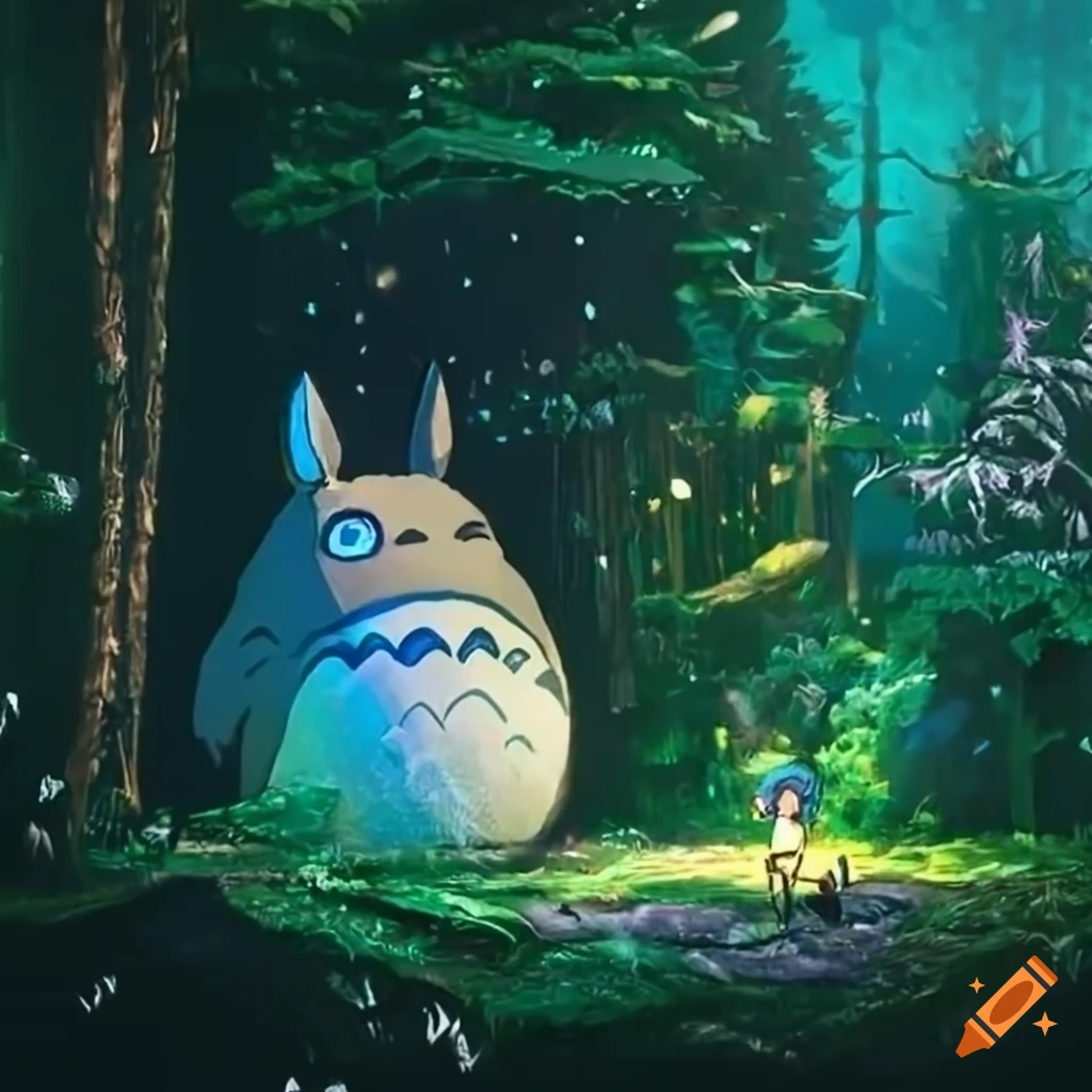 glittery diorama of Totoro in a forest
