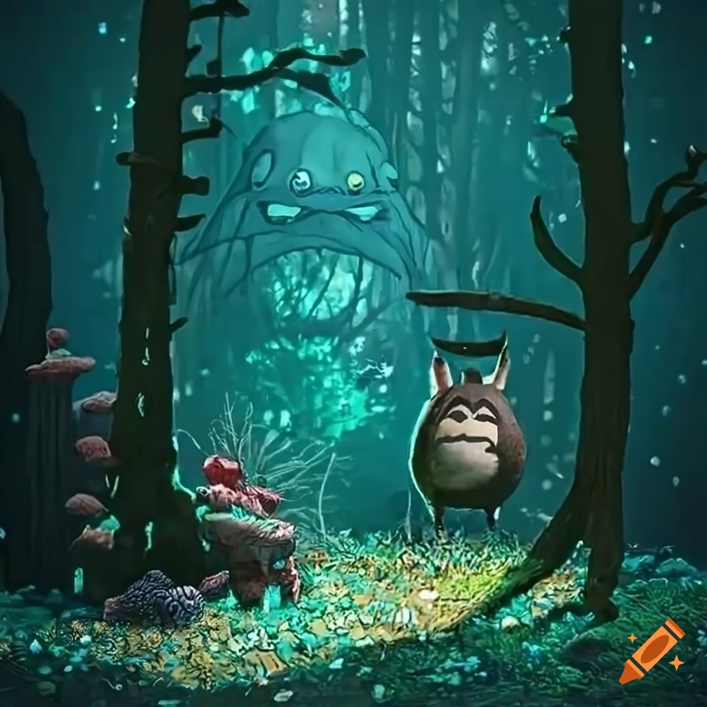 Totorothemed video game diorama with glittery coral pine