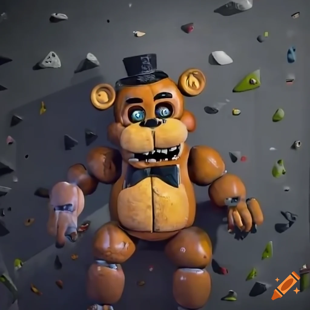 Freddy Fazbear rock climbing in a gym