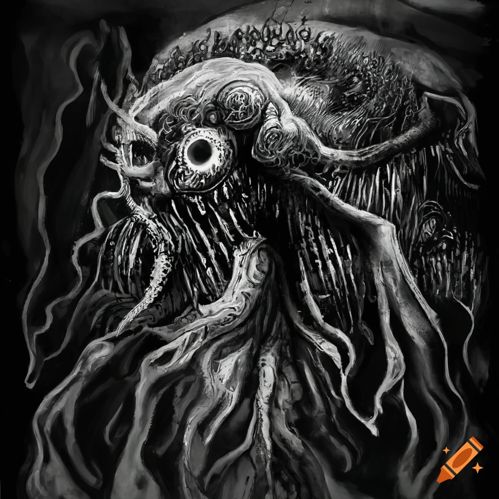 black and white drawing of a Lovecraftian deep sea monster