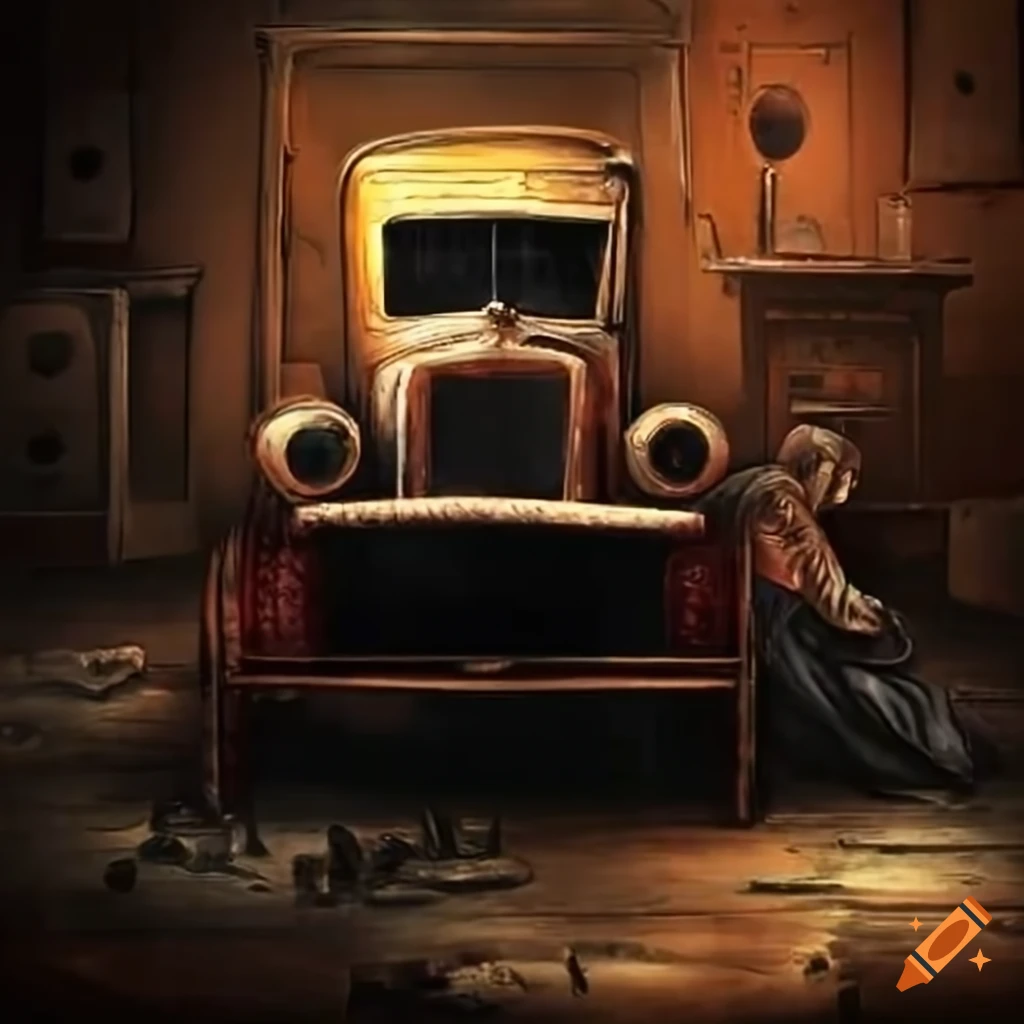1920s gangster lying on an oil truck indoors