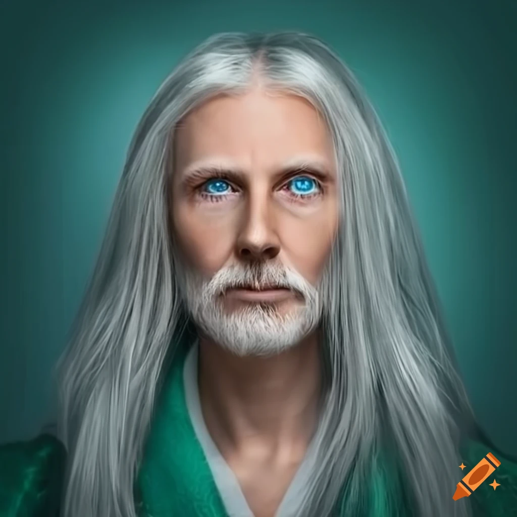 portrait of a 55-year-old magician with blue eyes and long gray-blond hair