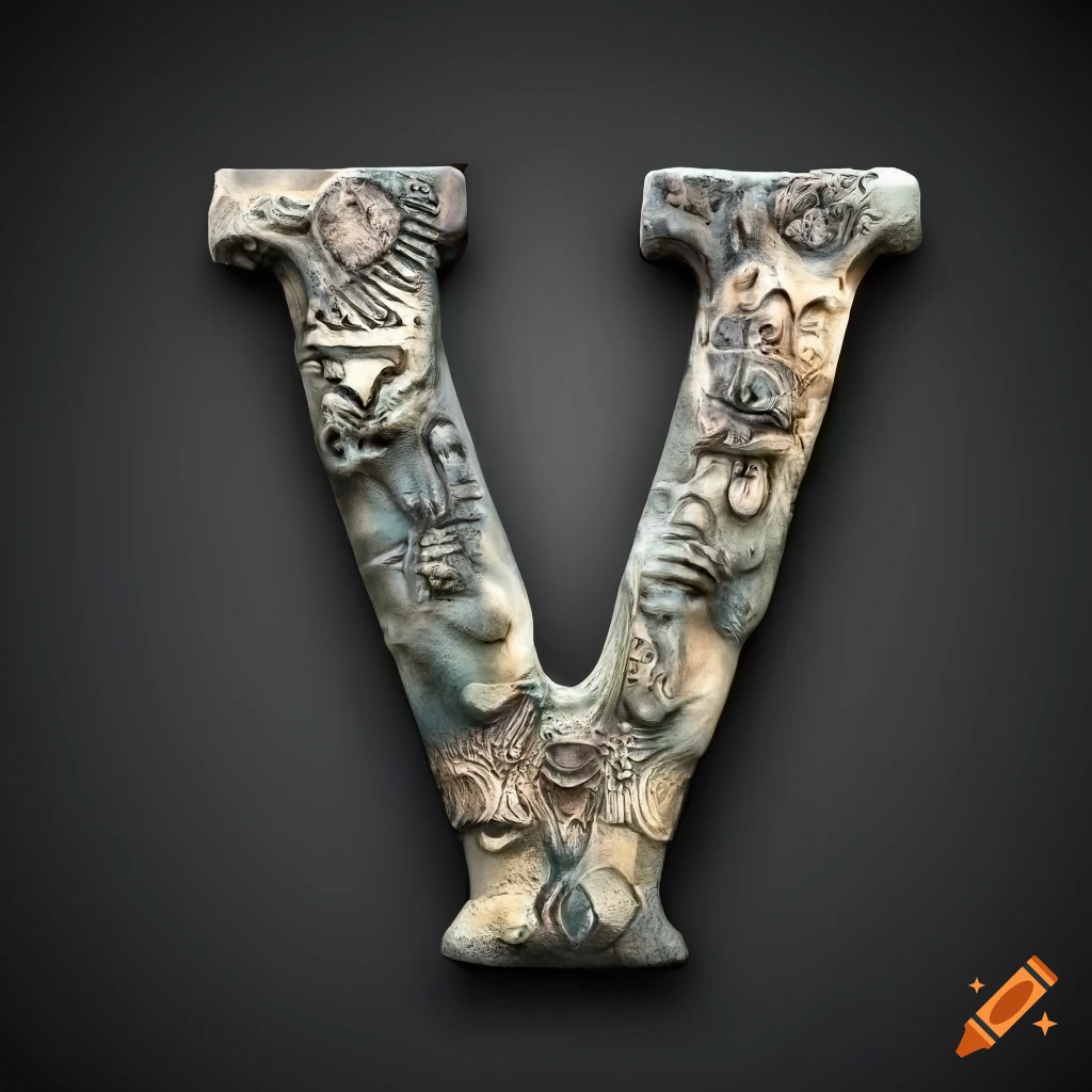 detailed stone letter "A" with Etruscan masks