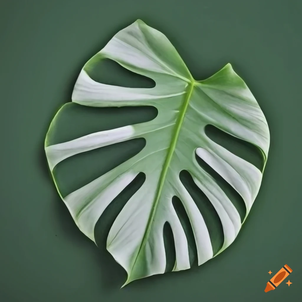 white monstera leaf on sage green surface