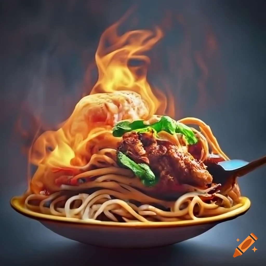 plate of delicious noodles with fire and smoke