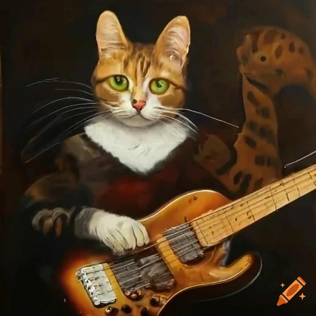 Cat playing an electric bass guitar on Craiyon