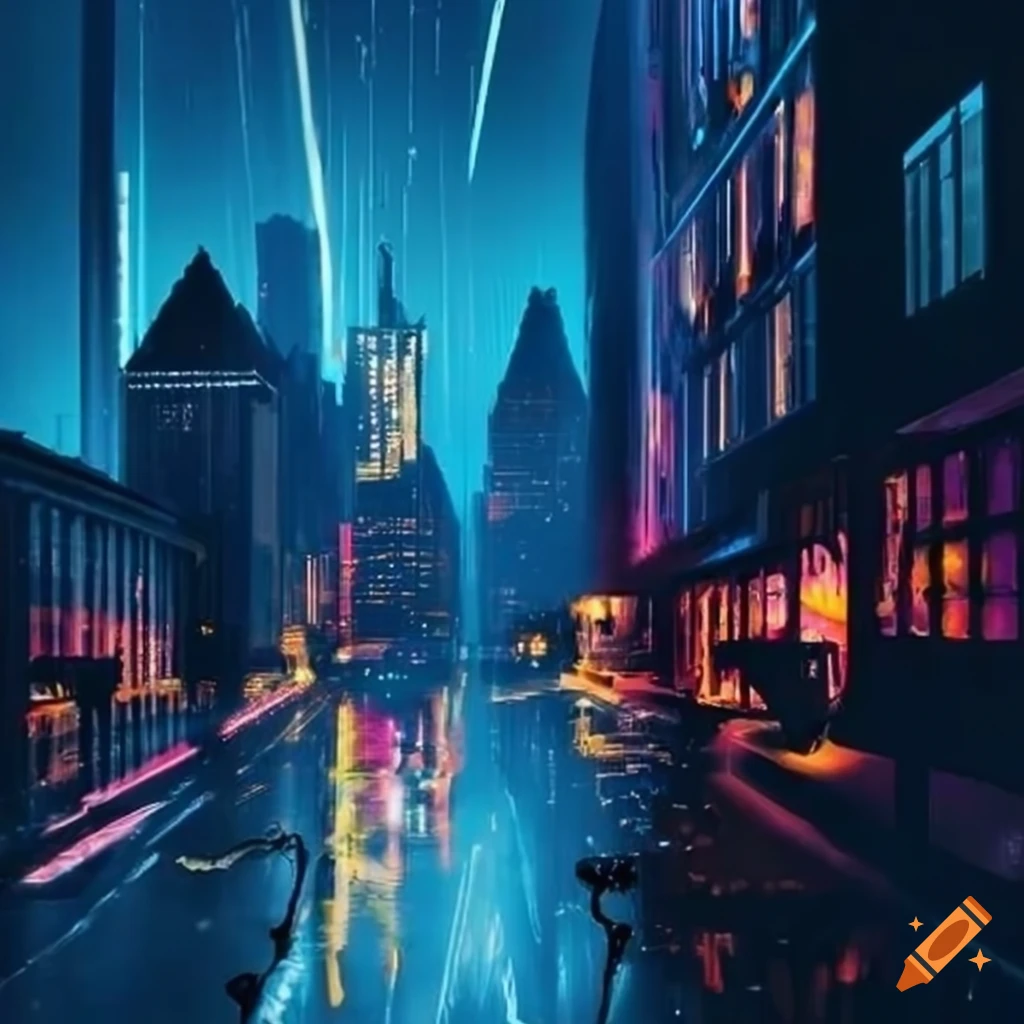 neon lit city under sunny rain