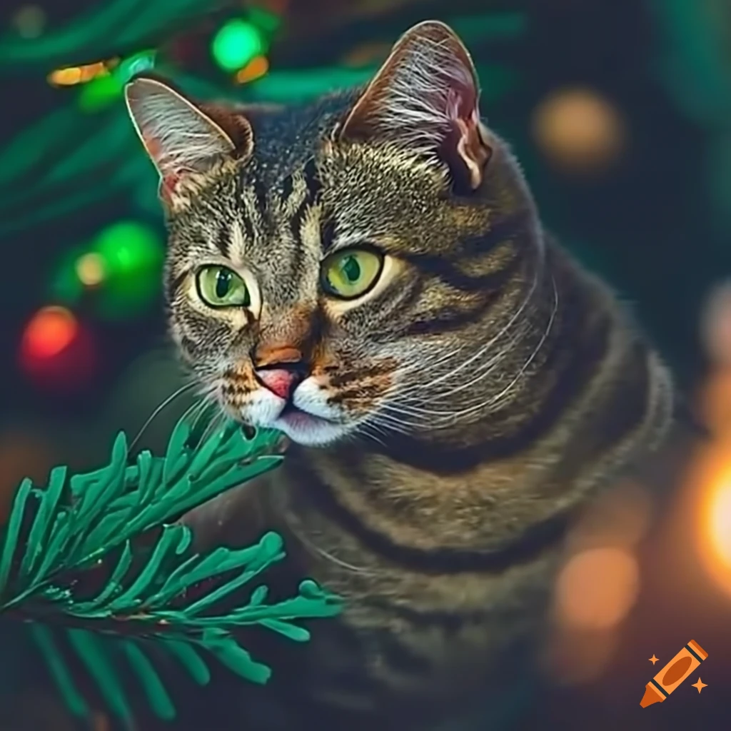 Tabby cat admiring a christmas tree on Craiyon