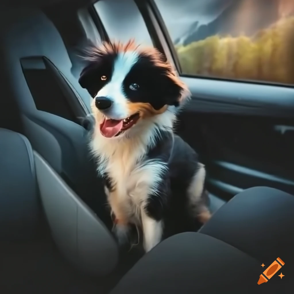 Border collie puppy riding in a car on Craiyon