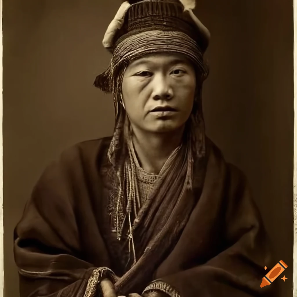 portrait of a young Ainu man in traditional attire