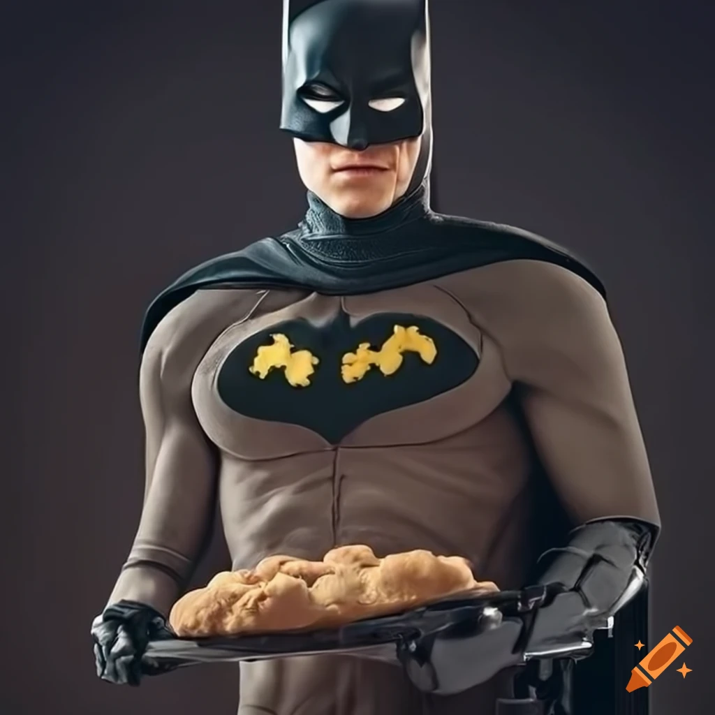 hyperrealistic photo of Batman baking cookies in a wheelchair