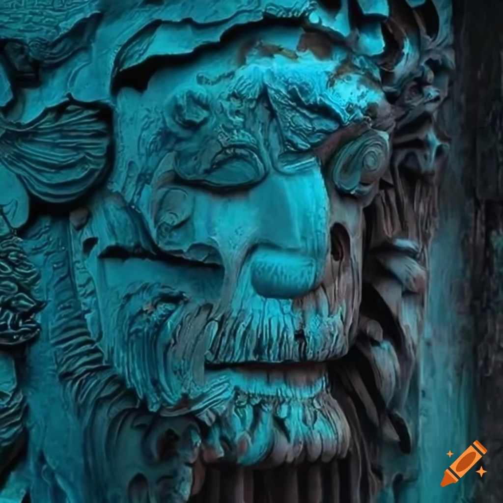 Detailed cyan architectural carving-style mountain valley on Craiyon
