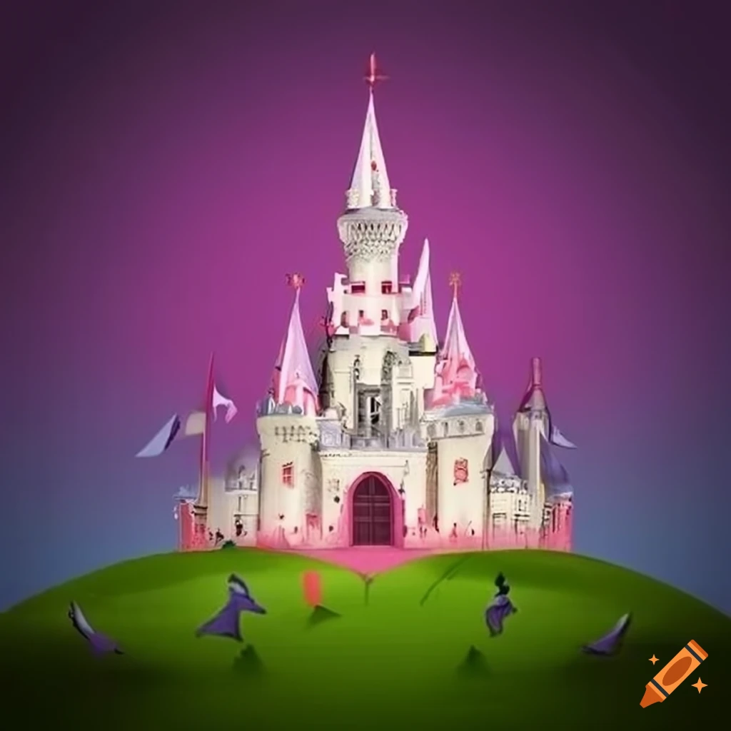 image of a fantasy castle on a hill with colorful flags