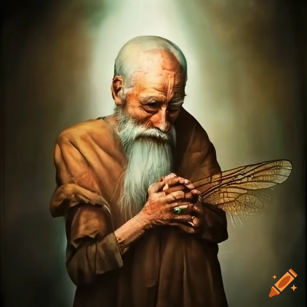 artistic depiction of an old man with dragonfly wings in a cathedral