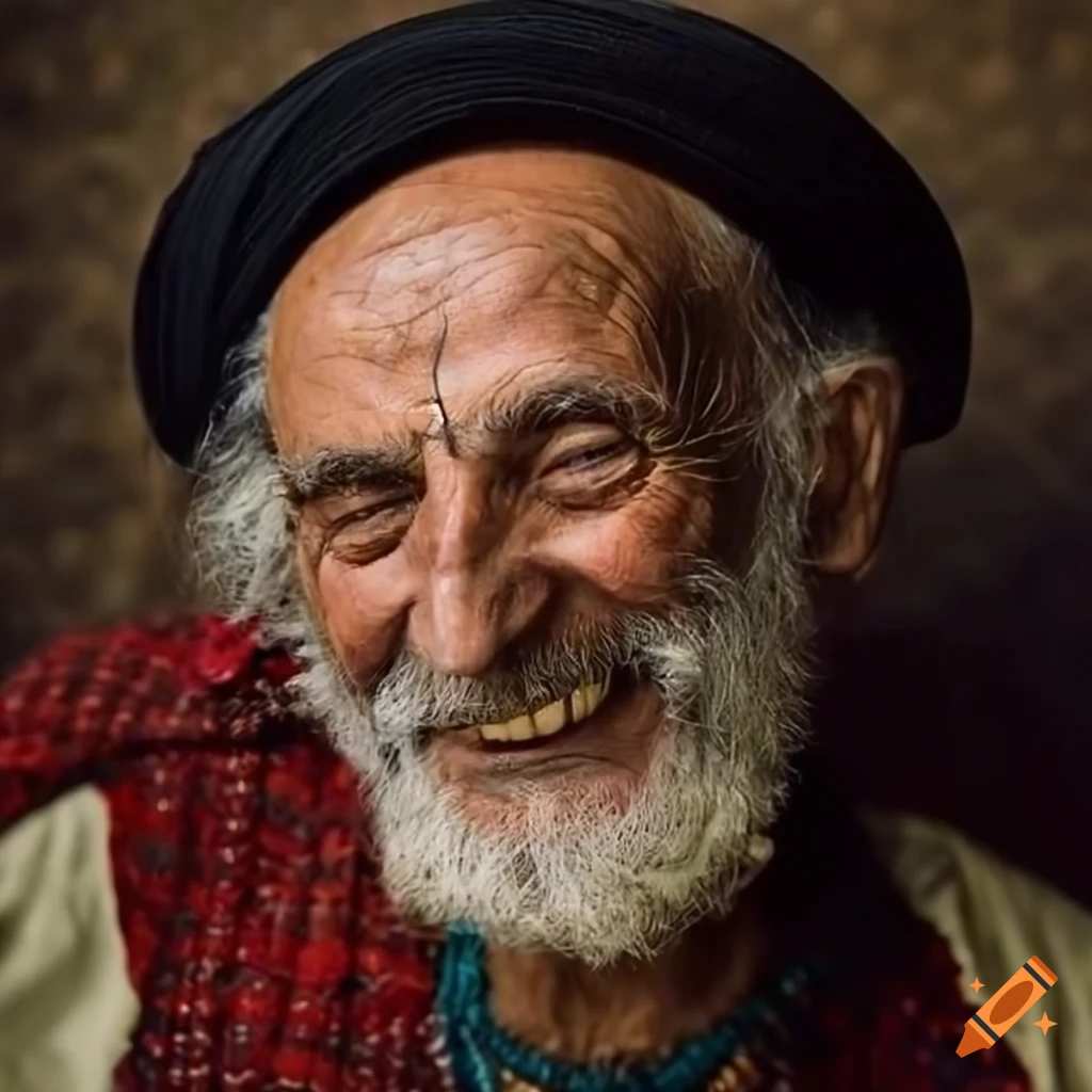 portrait of a smiling elderly gypsy man with vibrant trinkets